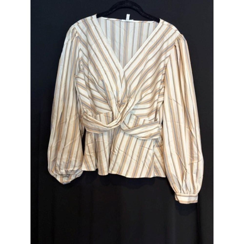 Women's Multicolor Striped V Neck Cross Drape Blouse w/Puff Sleeves Size L